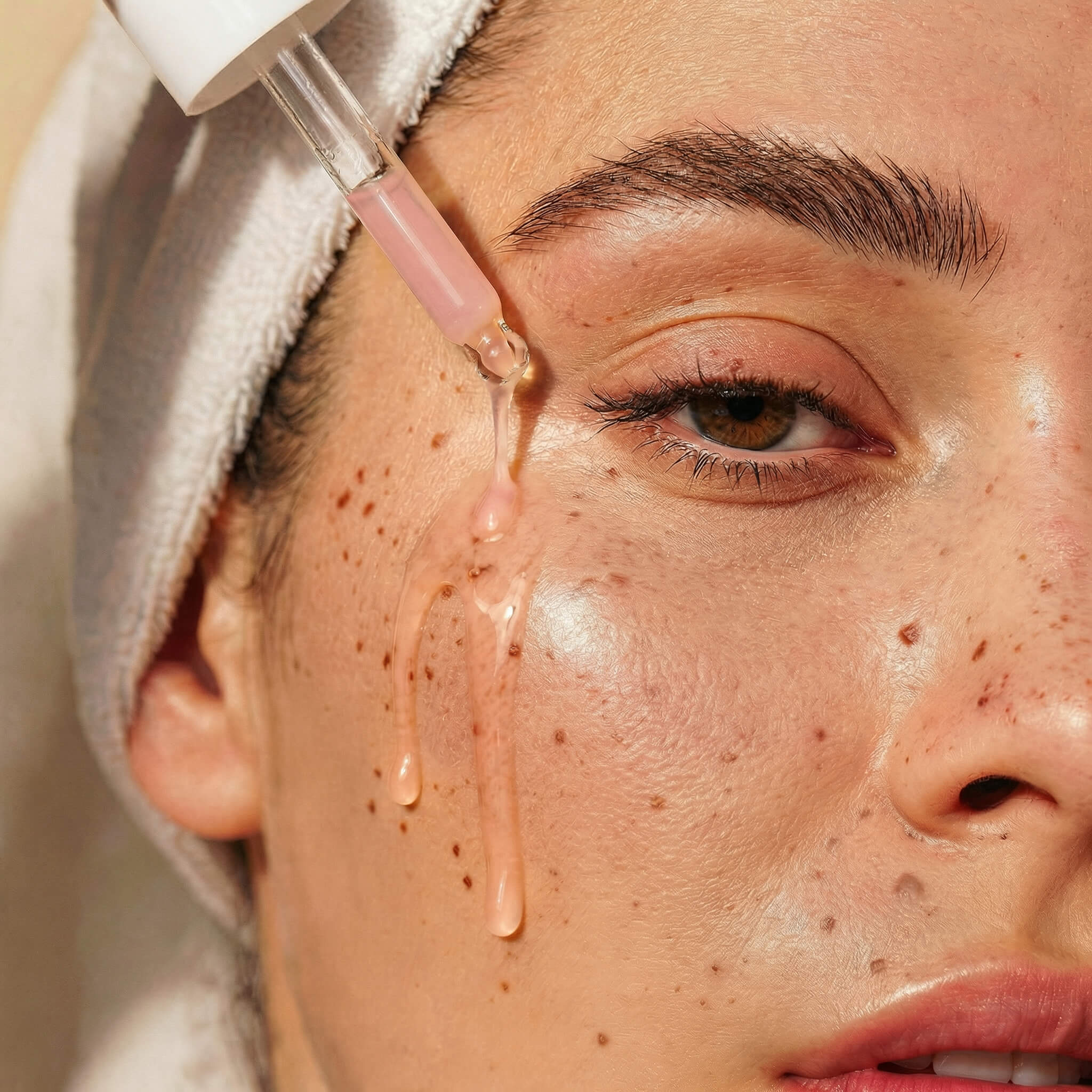 Close-up of a woman applying a serum to her face with a dropper.