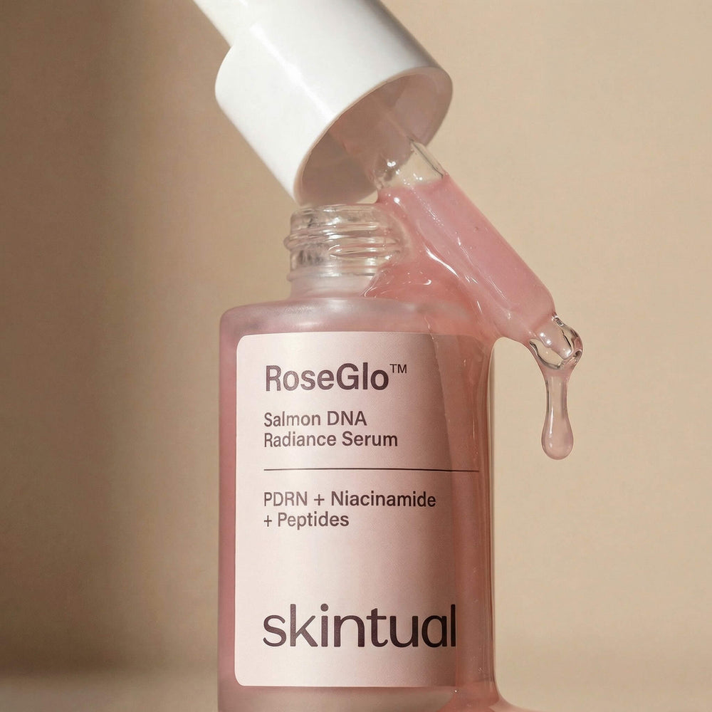 RoseGlo Salmon DNA Radiance Serum being poured into a bottle on a beige background