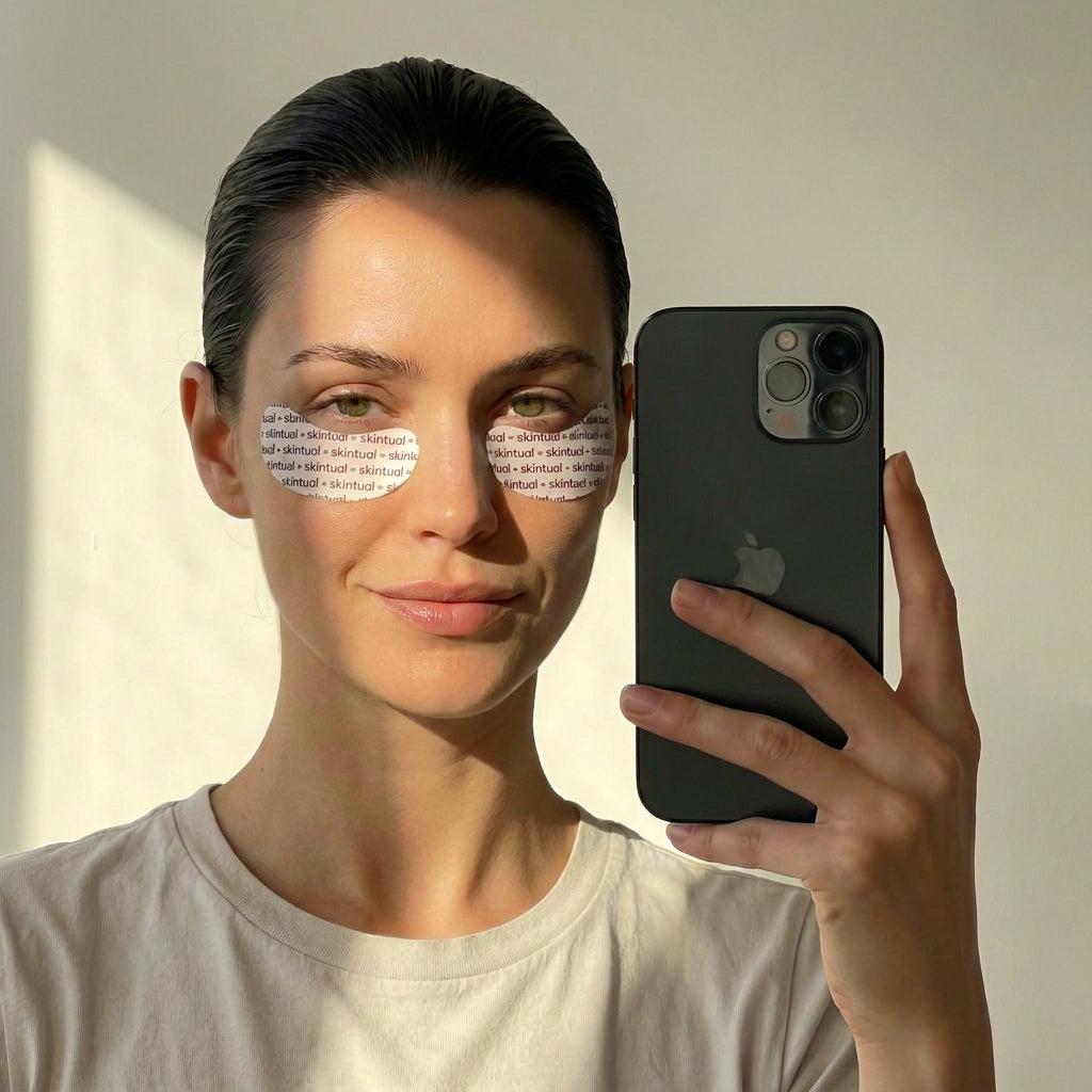 Person holding a smartphone with an Apple logo, wearing a light gray shirt.